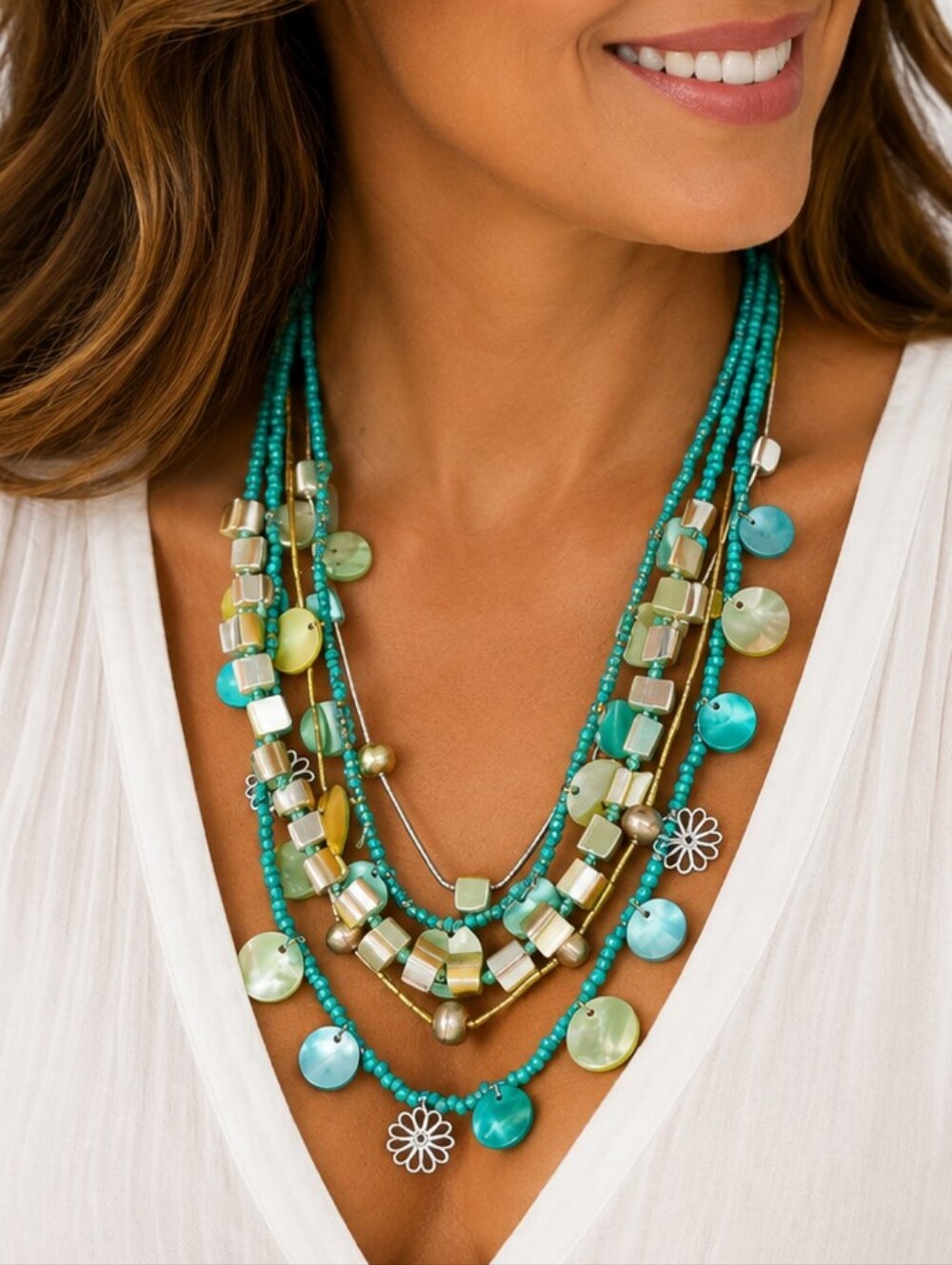💎Boho Layered Turquoise Beaded Statement Necklace Multistrand Shell Necklace